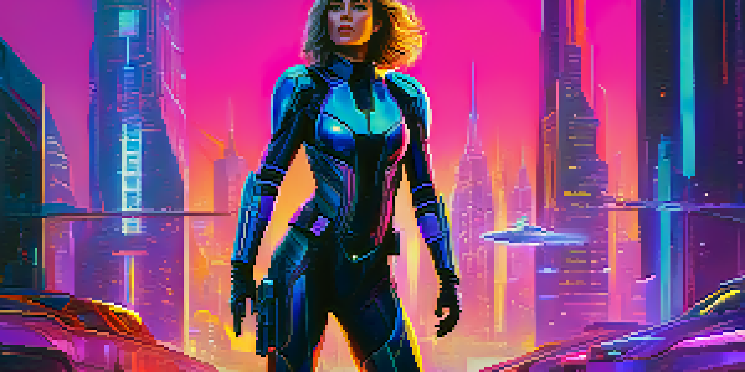 A strong female action hero in an armored suit stands in a neon-lit futuristic city, with skyscrapers and flying vehicles in the background.