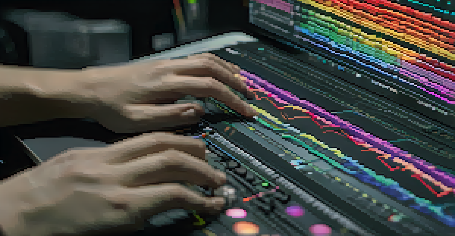 A close-up view of a film editor's hands working on a video timeline, with colorful clips and sound waveforms visible on the screen, emphasizing the editing process.