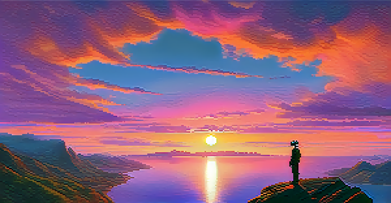 A player on a cliff, overlooking a sunset landscape with a serene lake.