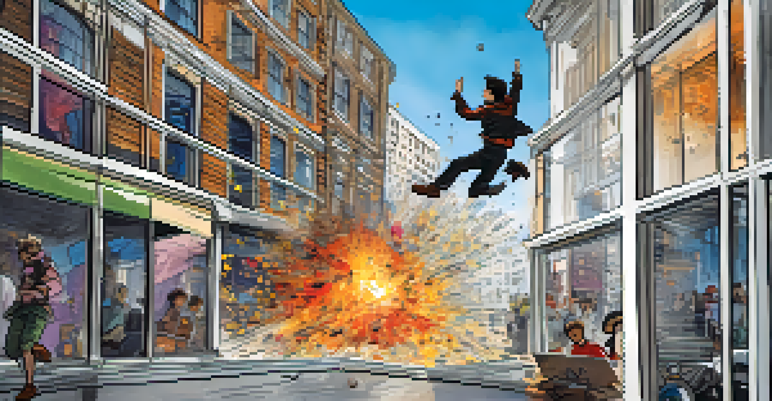 A colorful storyboard featuring an action sequence of a character jumping through a window with an explosion, filled with sketches and notes.