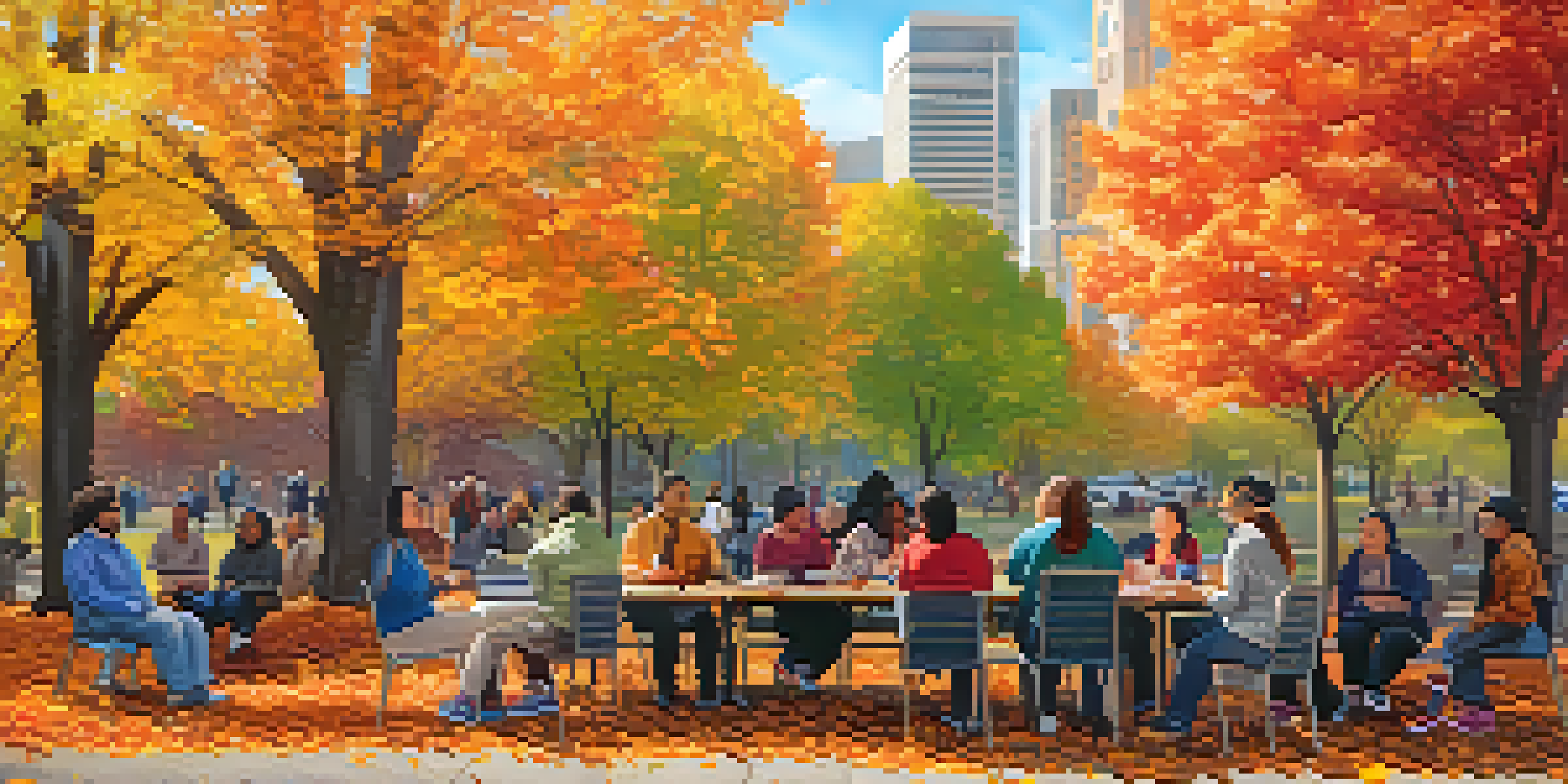 A diverse group of individuals, including people with visible disabilities, enjoying a sunny day in a park, surrounded by colorful autumn leaves and modern city buildings.