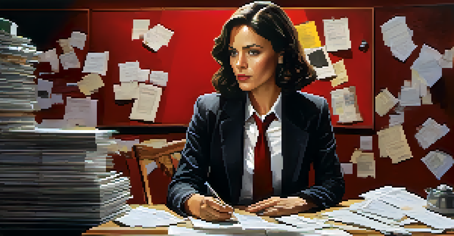 A strong female character at a table with evidence files, illuminated by overhead lights in a crime investigation setting.