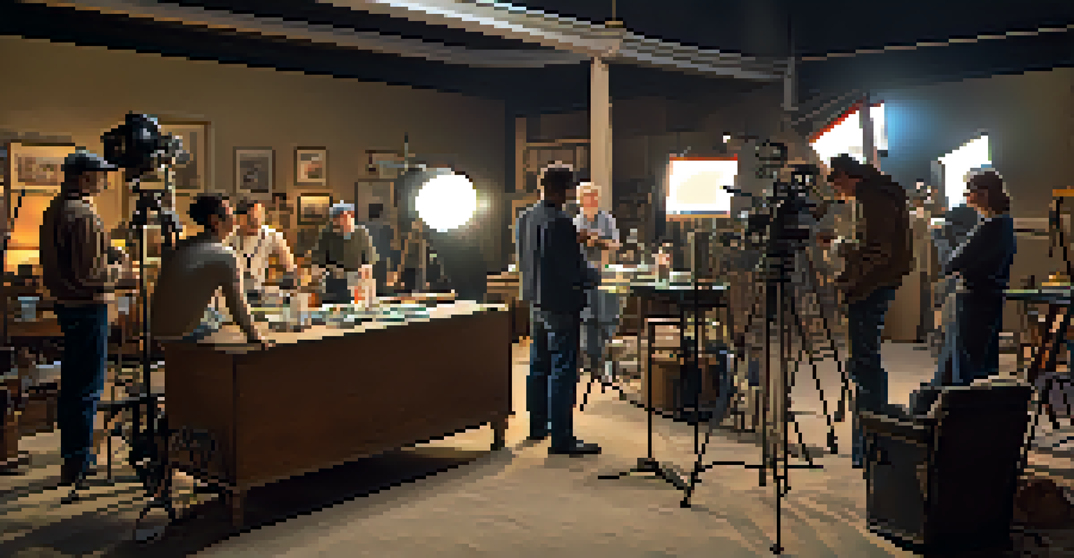 A film set bustling with activity, showing a director and crew working on a scene, with colorful props and lighting.