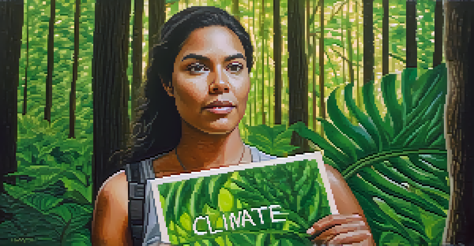 A passionate environmental activist in a forest, holding a sign for climate action, surrounded by greenery and sunlight.