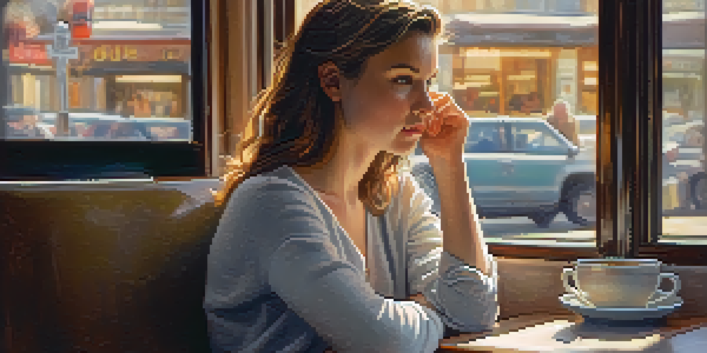 A young woman in a cafe, looking thoughtful with sunlight casting shadows on her face.