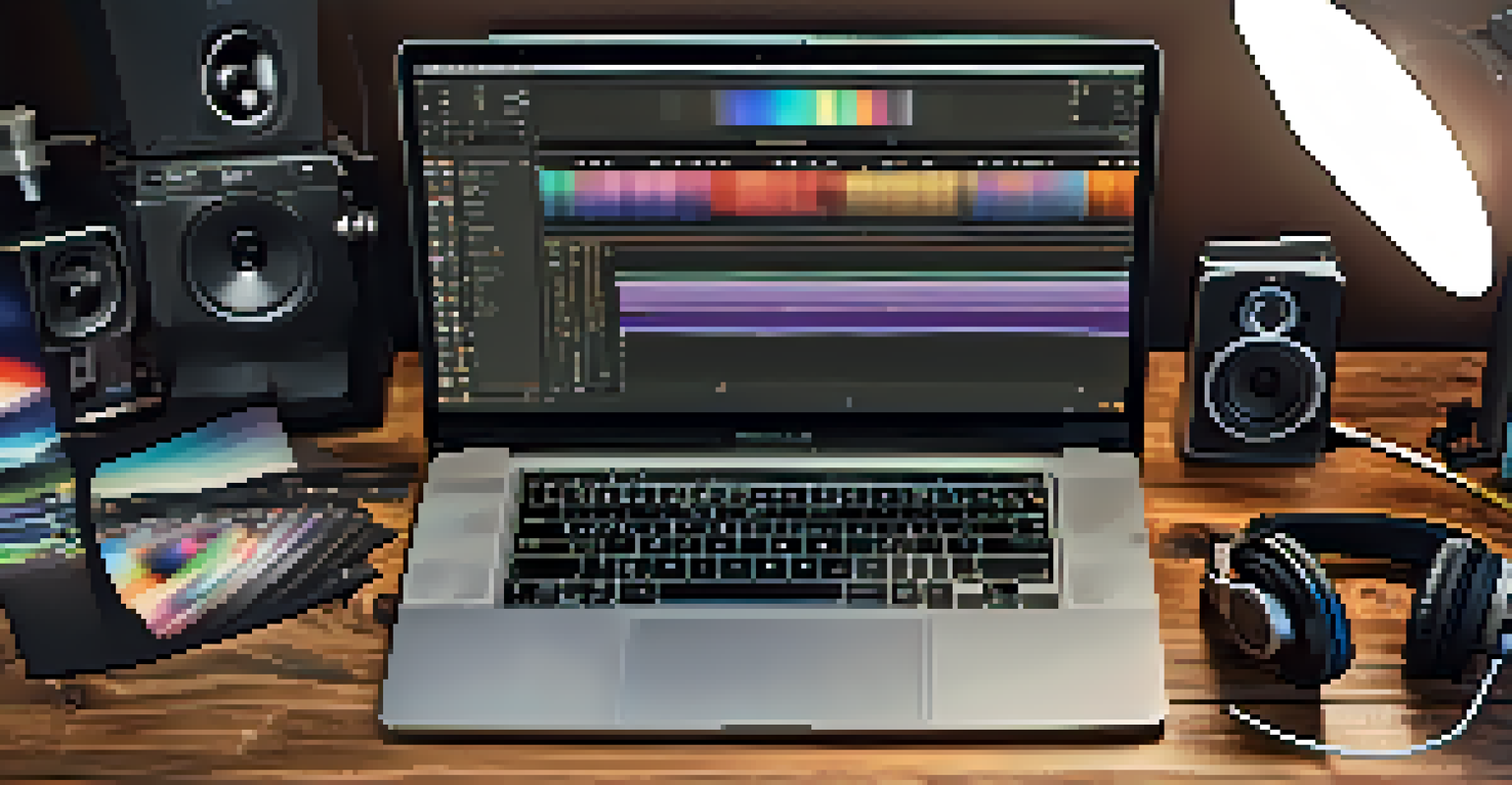 A flat lay of video editing software logos with a laptop, headphones, and color grading tools on a wooden table.