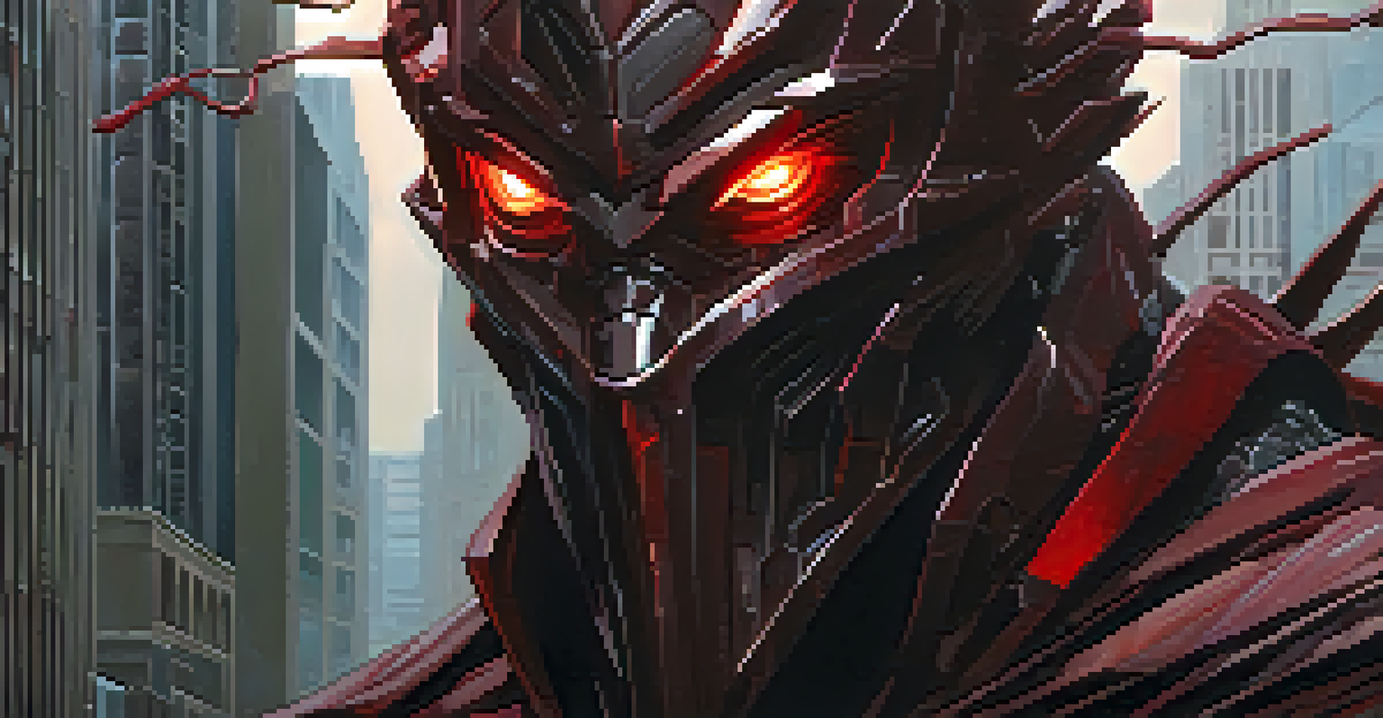 Close-up of an antagonist with piercing eyes, set against a chaotic cityscape.