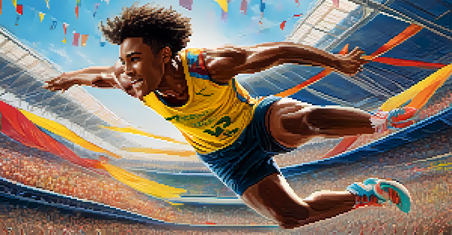 An athlete performing a high jump stunt in a vibrant stadium, capturing the excitement of sports films.