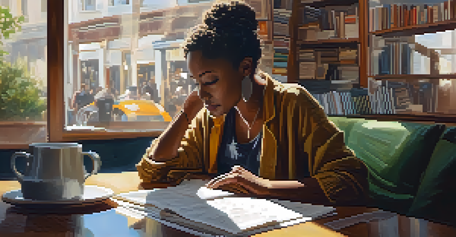 A woman of color filmmaker writing a script at a café, surrounded by books and soft natural light.