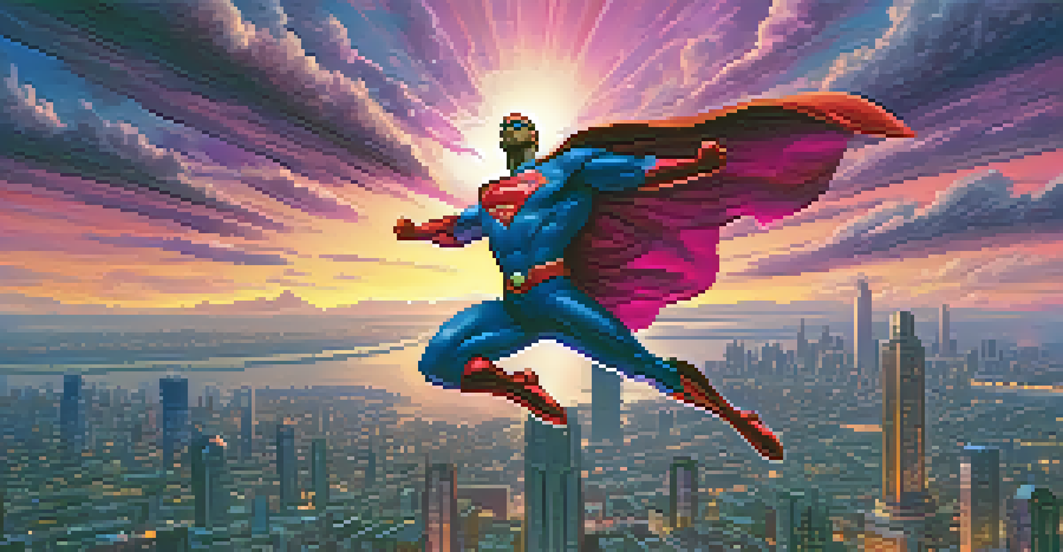 A superhero flying above a futuristic city at dusk, with vibrant colors in the sky and city lights below.