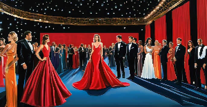 A lively red carpet event with celebrities in elegant outfits under bright lights, capturing the essence of Hollywood glamour.