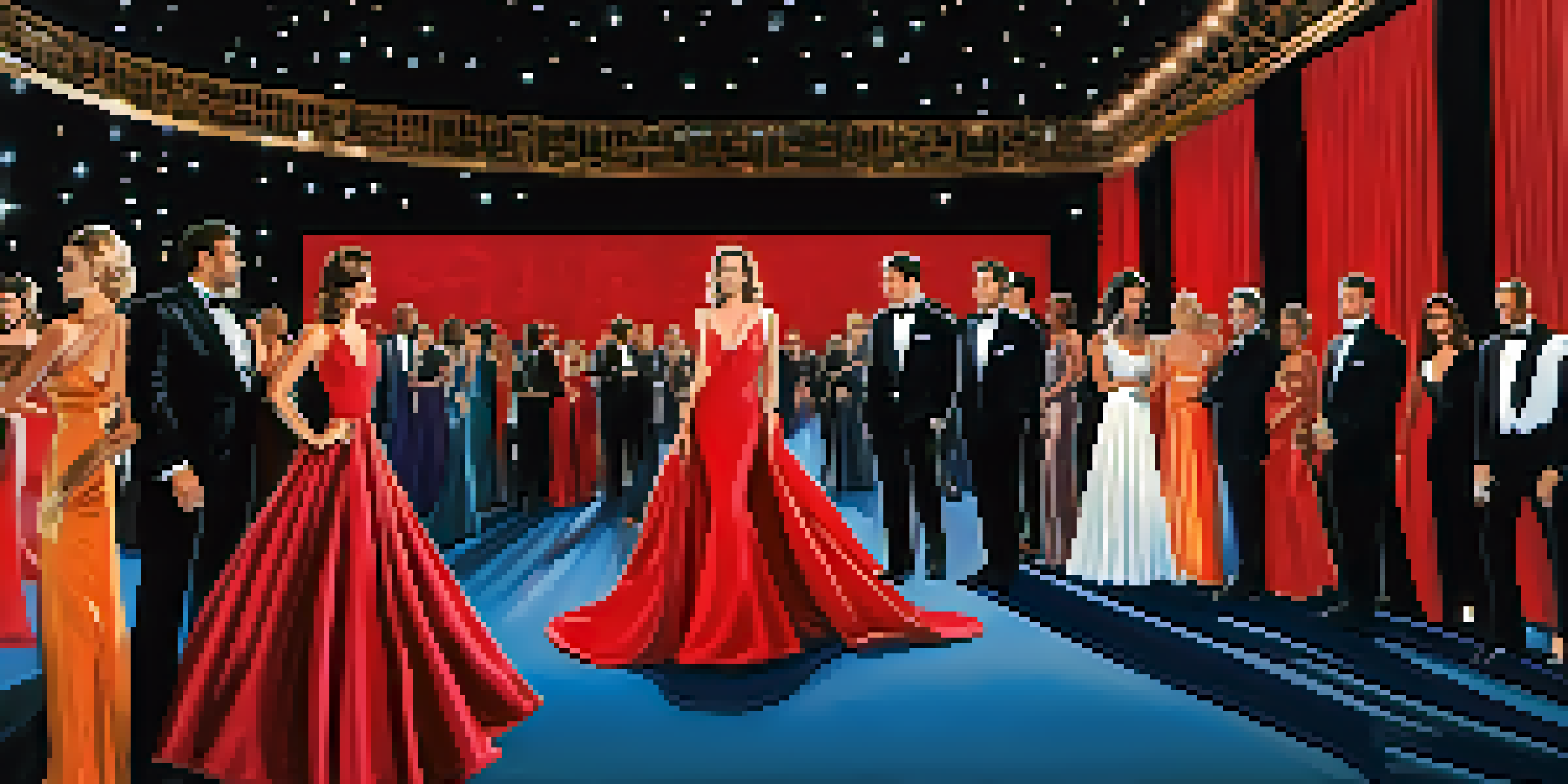 A lively red carpet event with celebrities in elegant outfits under bright lights, capturing the essence of Hollywood glamour.