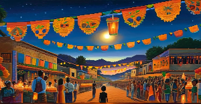 A lively Día de los Muertos celebration with colorful decorations, altars, and families honoring their ancestors under a twilight sky.