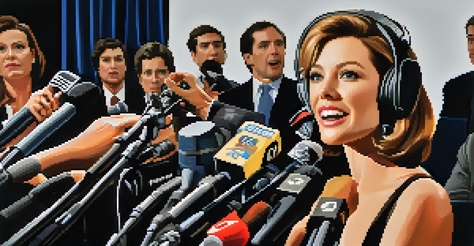 A celebrity speaking at a press conference, with media cameras flashing in the background.