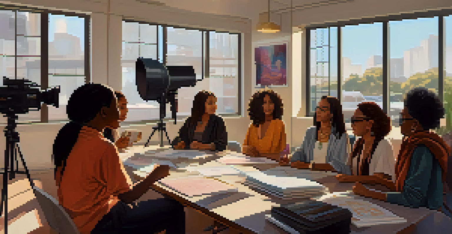 A diverse group of female filmmakers collaborating over a script in a bright, modern film set.