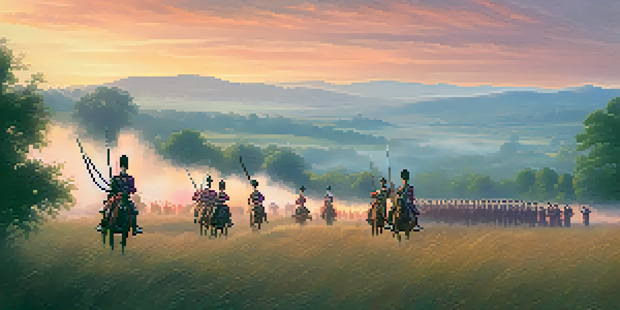 A historical battlefield at dawn with soldiers in uniform and a misty landscape.