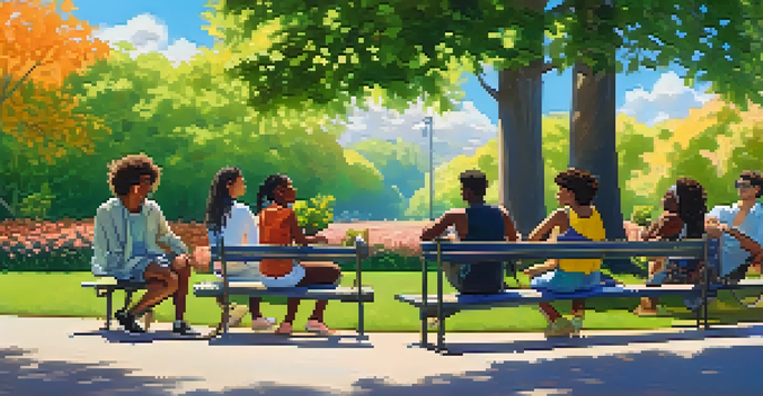A diverse group of young people sitting in a park, engaging in conversation, surrounded by greenery and colorful flowers under a blue sky.