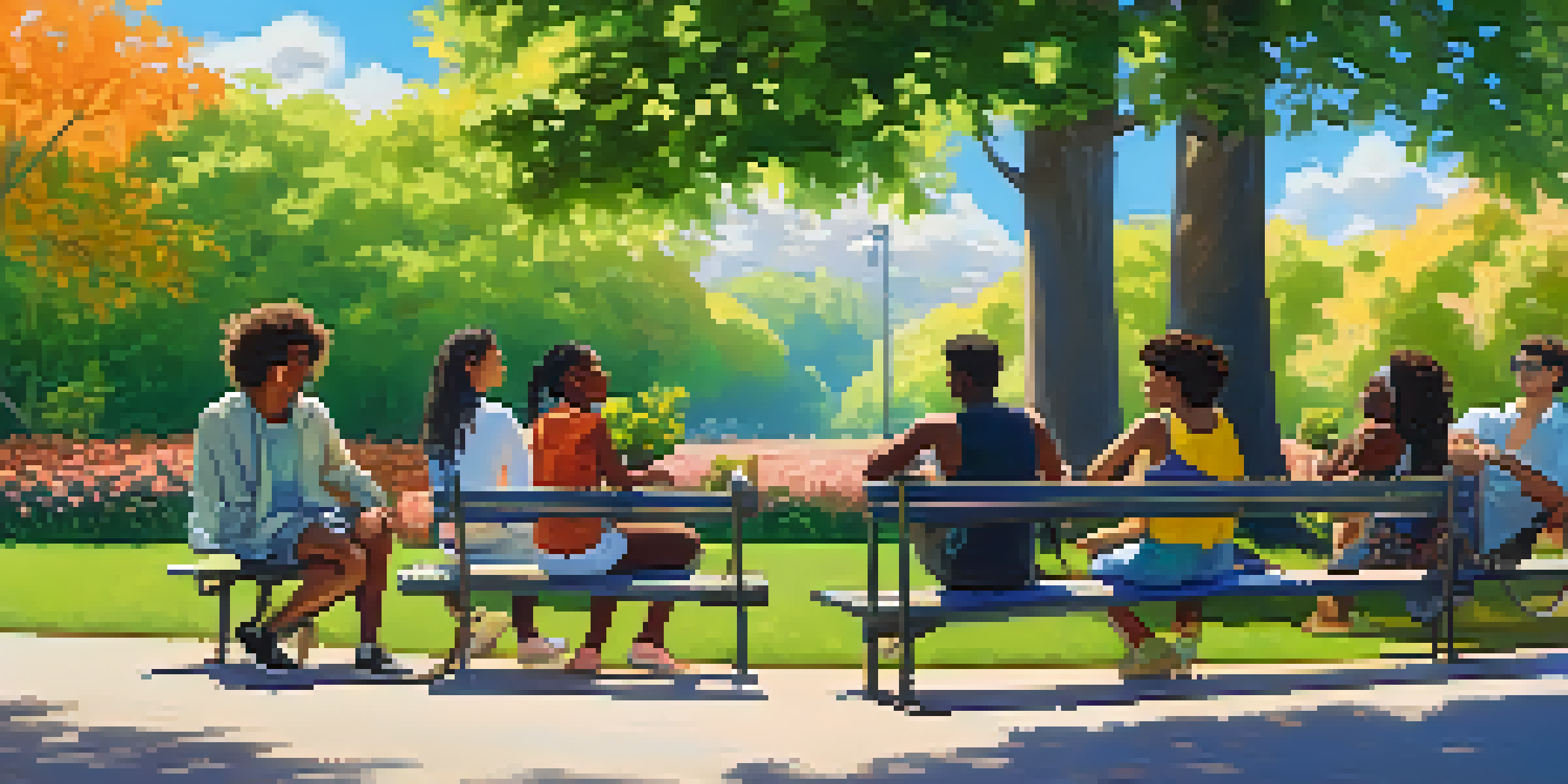 A diverse group of young people sitting in a park, engaging in conversation, surrounded by greenery and colorful flowers under a blue sky.
