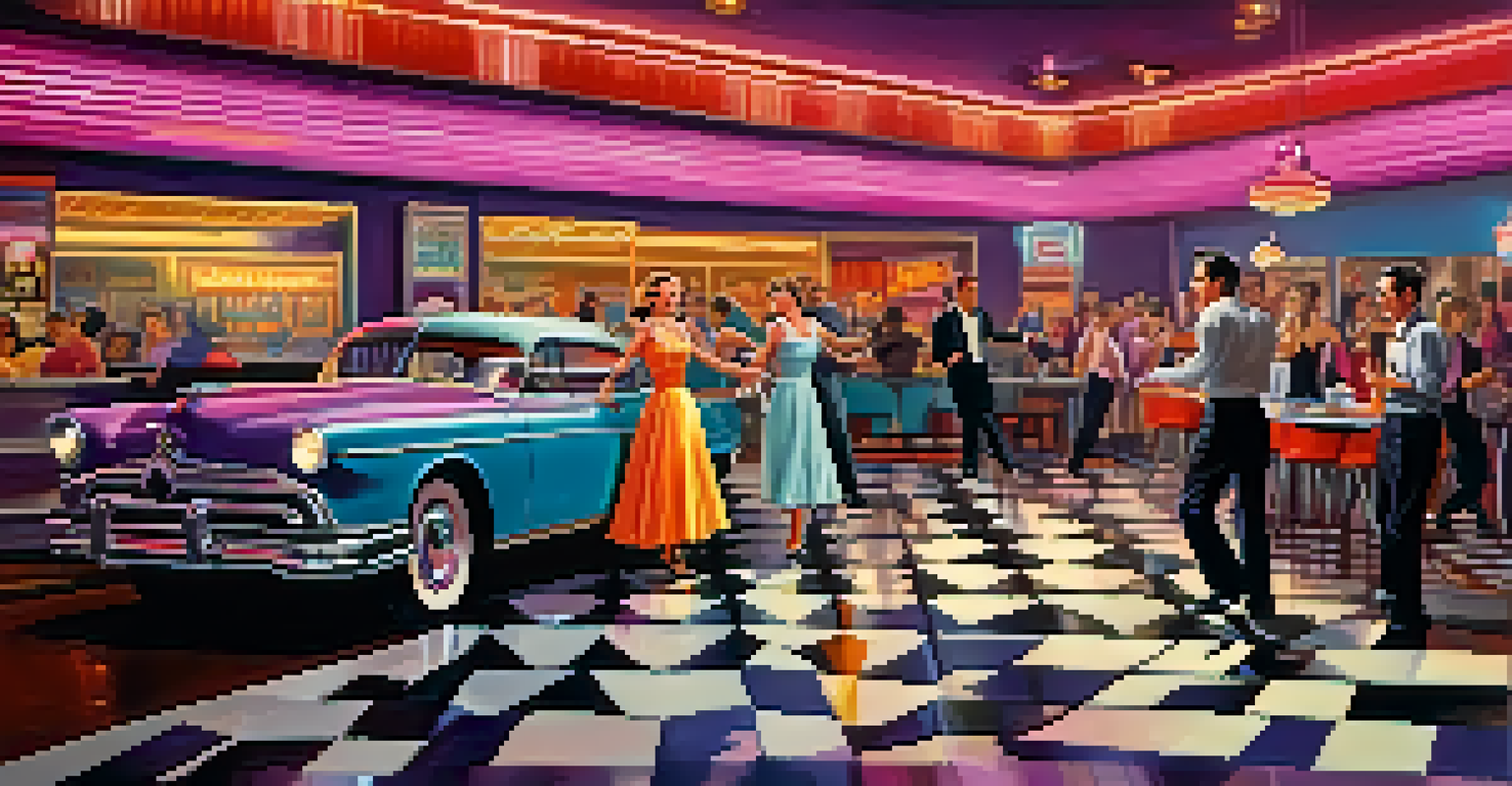 A vibrant 1950s diner scene with young people dancing and a band performing, illuminated by neon lights, capturing the lively spirit of rock 'n' roll.