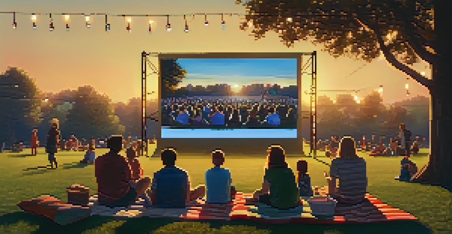 An outdoor film festival at sunset with a large screen, families and friends enjoying a movie together under string lights.