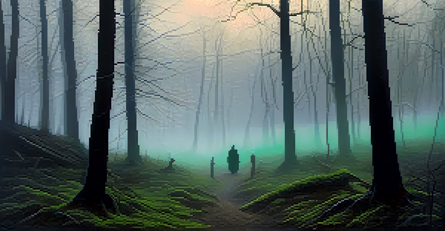 A foggy forest at dusk with ghostly figures appearing among the trees, creating an eerie and supernatural atmosphere.