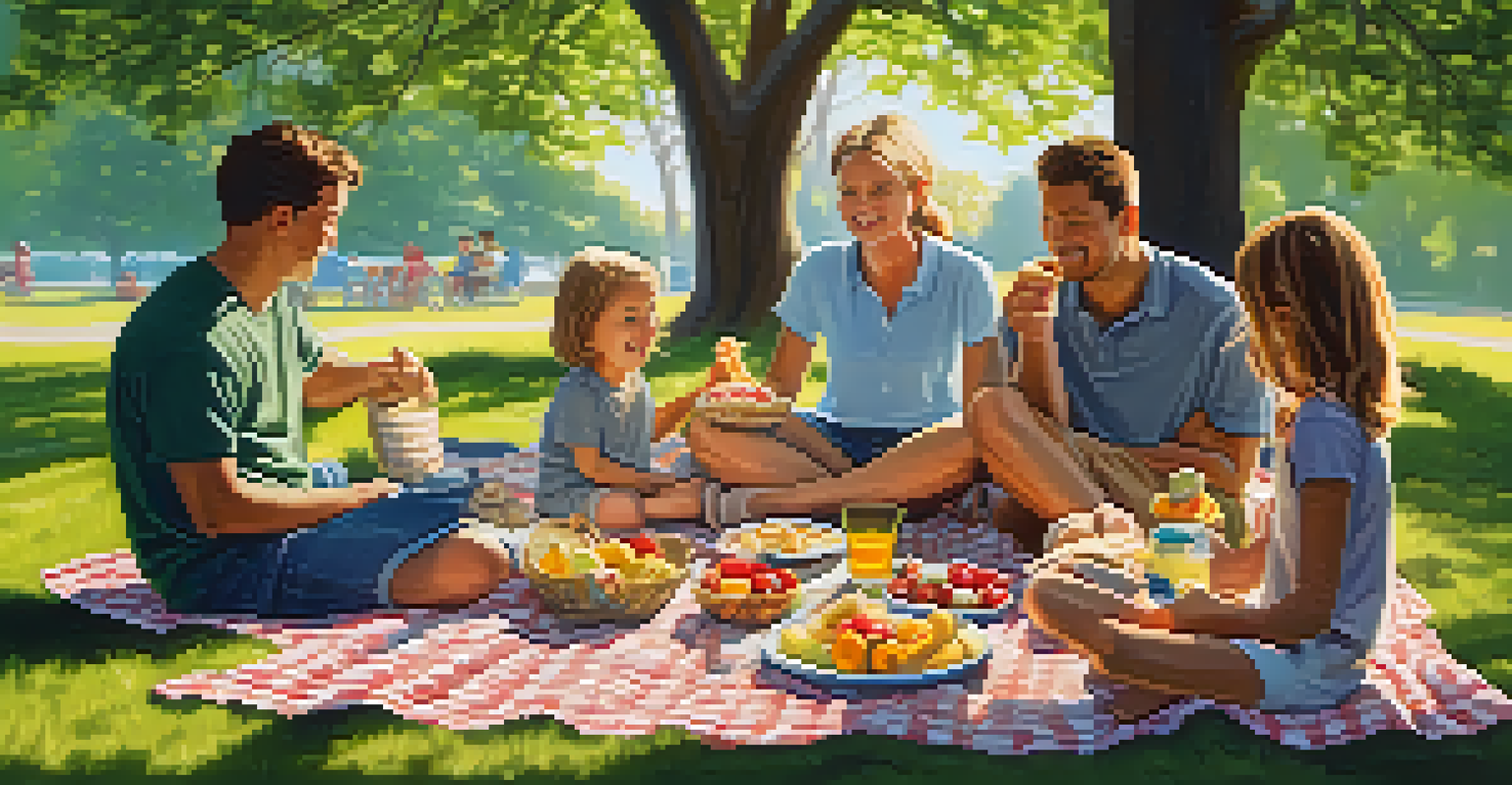 A blended family having a picnic in a sunny park, with children playing nearby and a colorful spread of food.