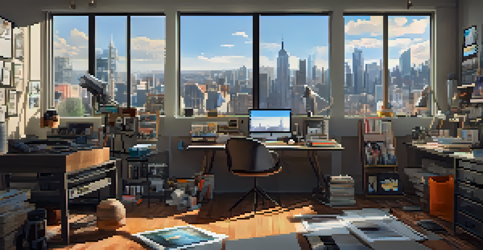 A creative workspace with film storyboards, reels, and a laptop showing a social media page, illuminated by natural light from a window.