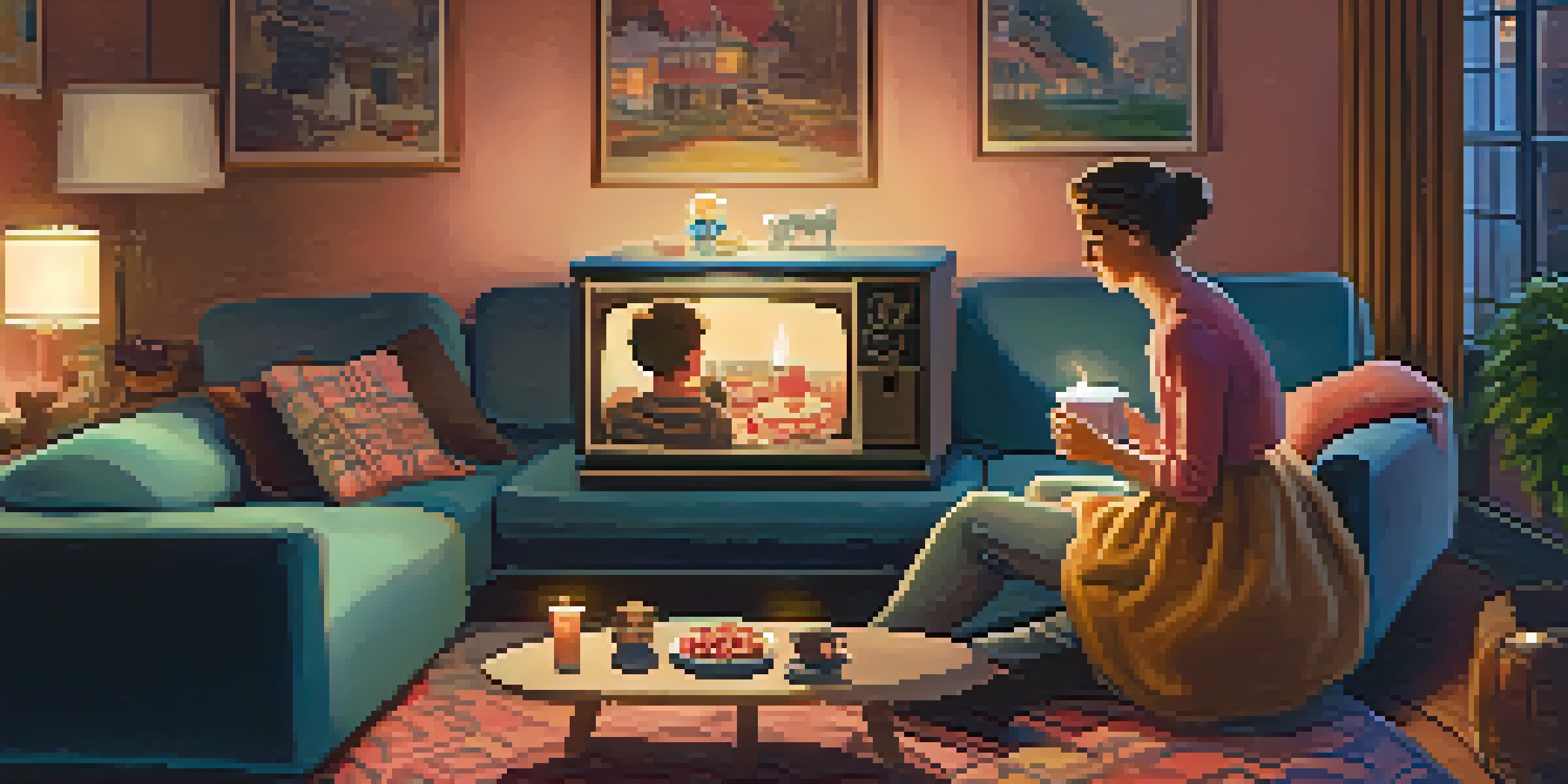 A couple enjoying a romantic comedy in a cozy living room, with warm lighting and colorful cushions.