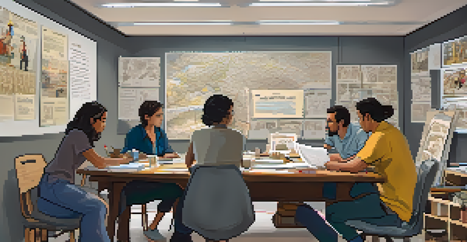 Filmmakers from diverse backgrounds collaborating in a creative workspace filled with scripts and cultural artifacts.