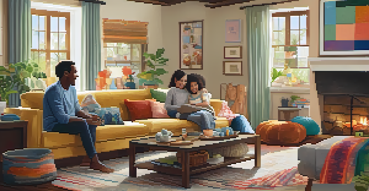 A warm living room filled with a diverse family happily sharing stories in a cozy atmosphere.