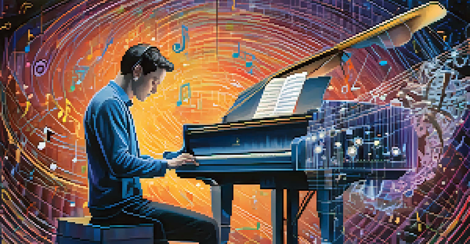 An artistic depiction of a composer at a piano collaborating with artificial intelligence, surrounded by holographic musical notes and digital patterns.
