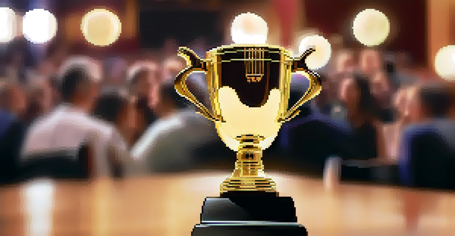 A close-up of a gleaming award trophy on a table, symbolizing recognition at a film festival amidst a celebratory background.