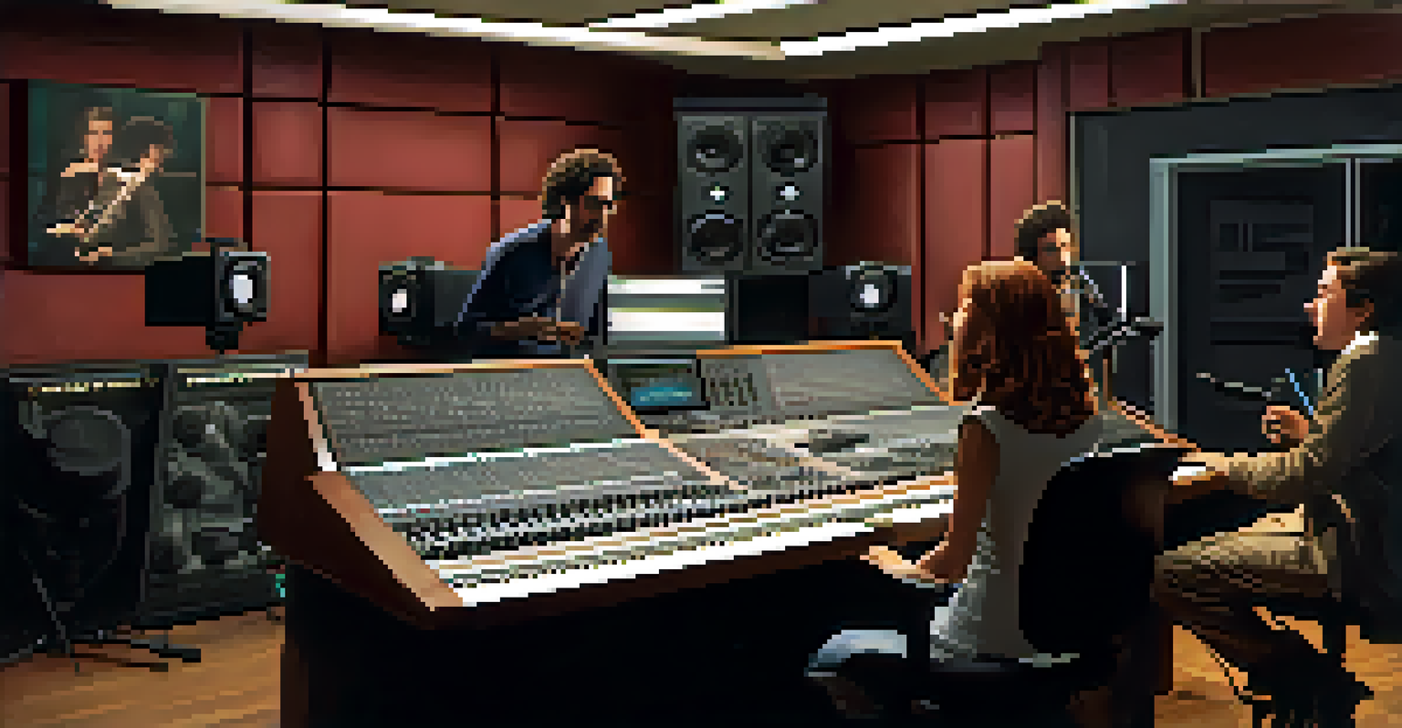 Voice actors recording in a sound studio, showing microphones, sound panels, and an engaged atmosphere.