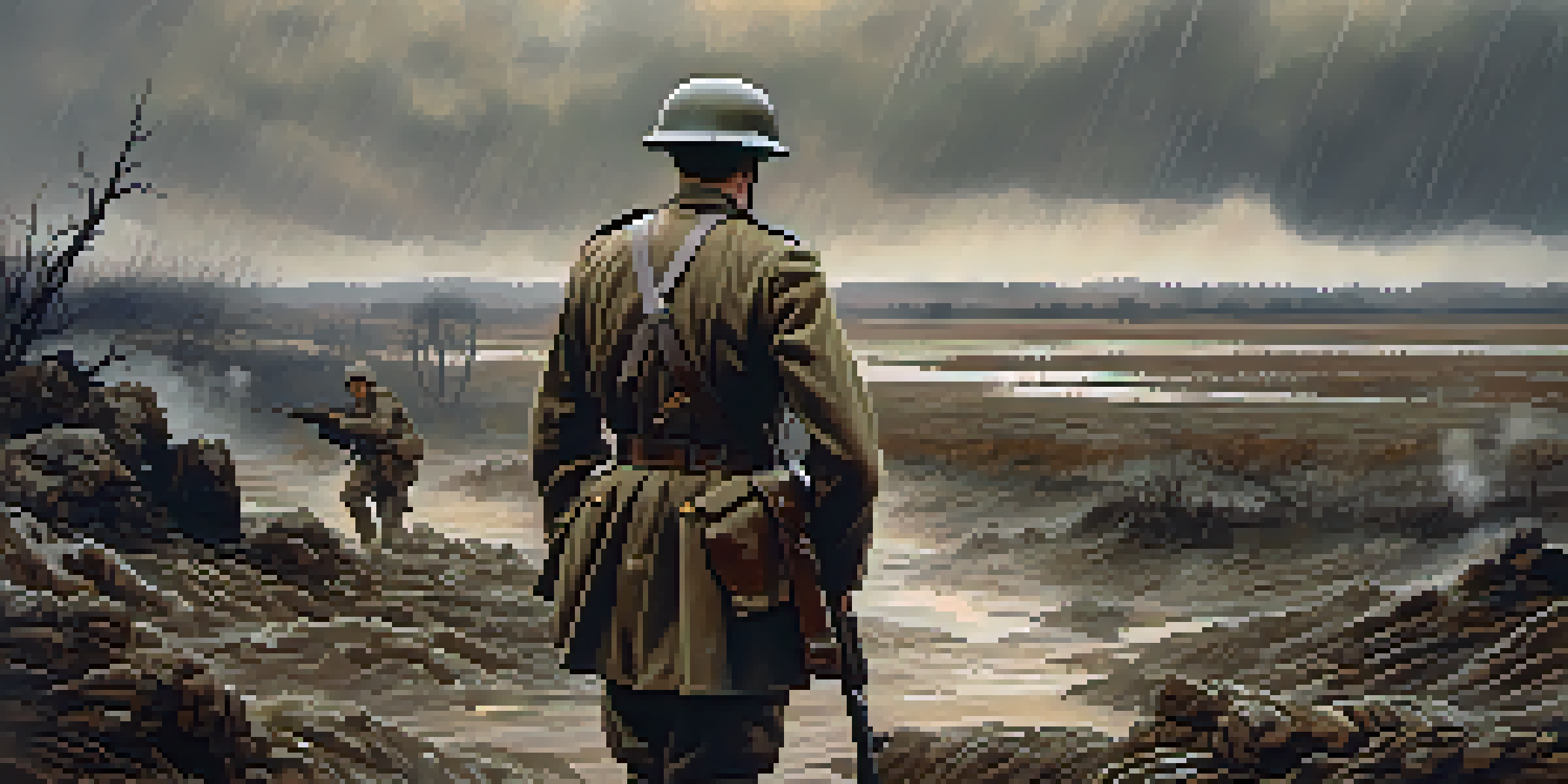 A soldier in a muddy trench during a rainstorm, looking into the distance with a battlefield backdrop, evoking the emotional weight of war.