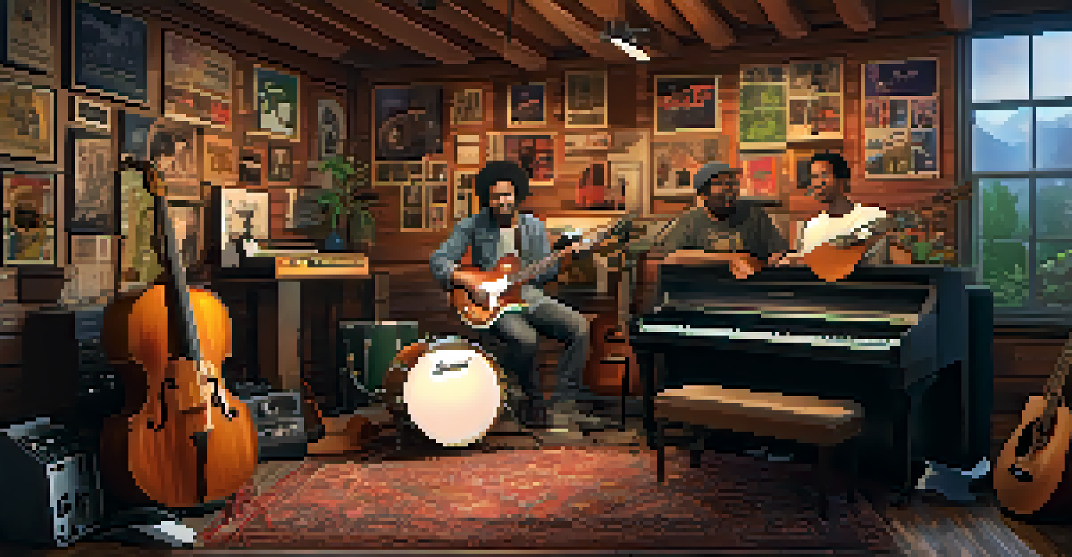 Musicians from different backgrounds collaborating in a cozy studio, surrounded by instruments and posters of iconic film songs.