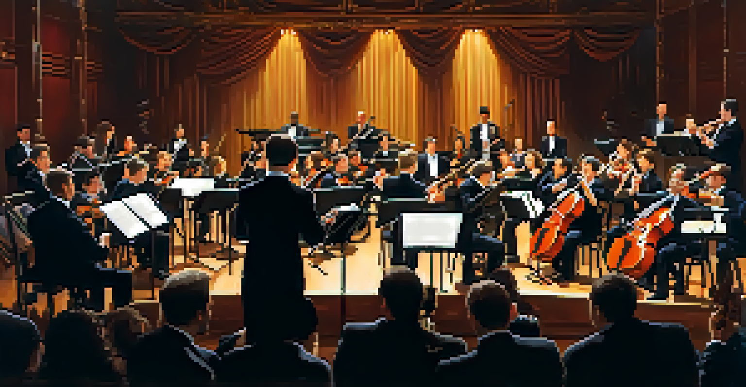 An orchestra performing on stage, with musicians and a conductor passionately engaged in the music under soft lights.