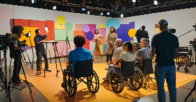 A film set with a diverse group of actors with disabilities rehearsing, surrounded by colorful props and warm lighting.