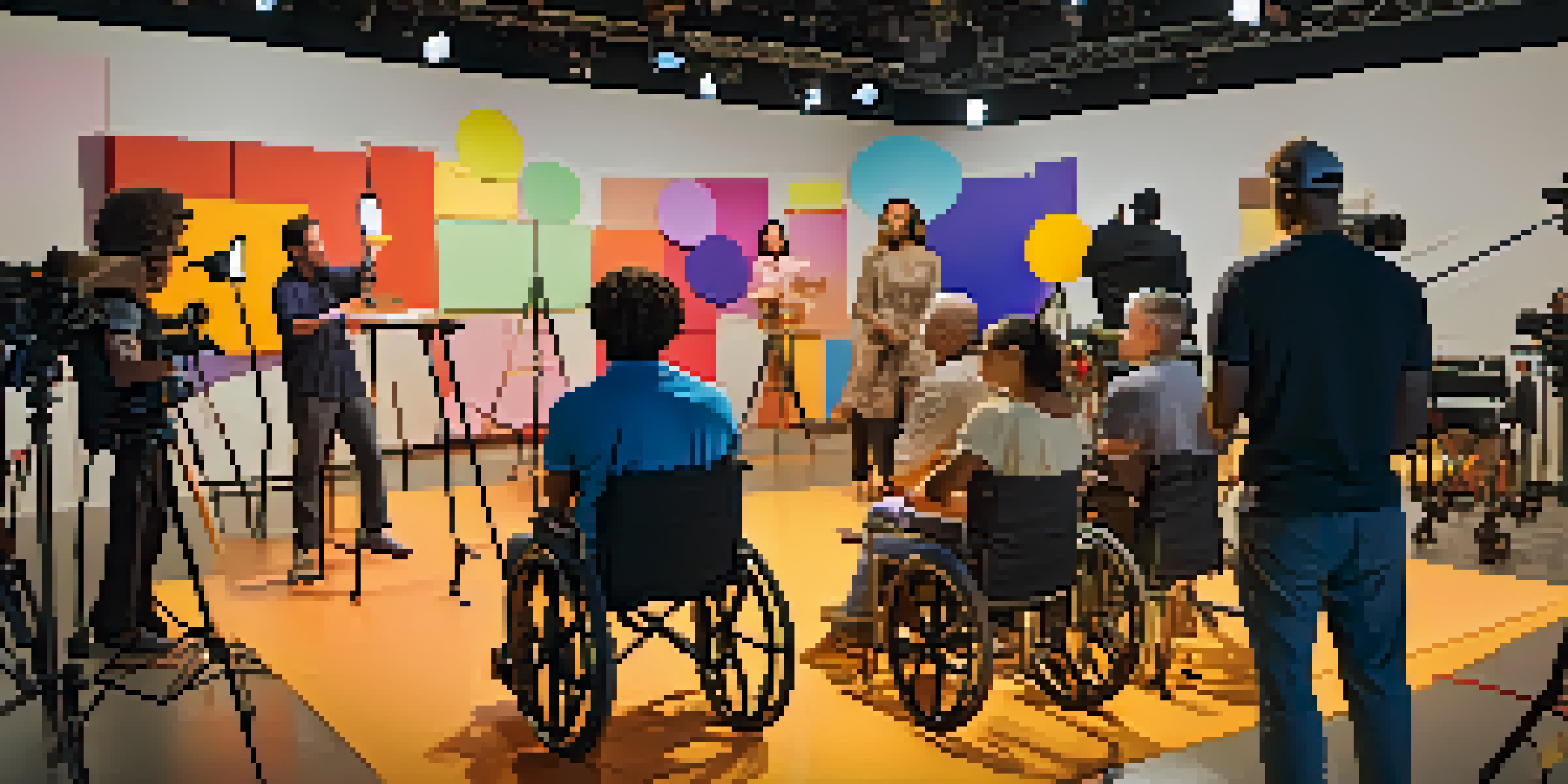 A film set with a diverse group of actors with disabilities rehearsing, surrounded by colorful props and warm lighting.