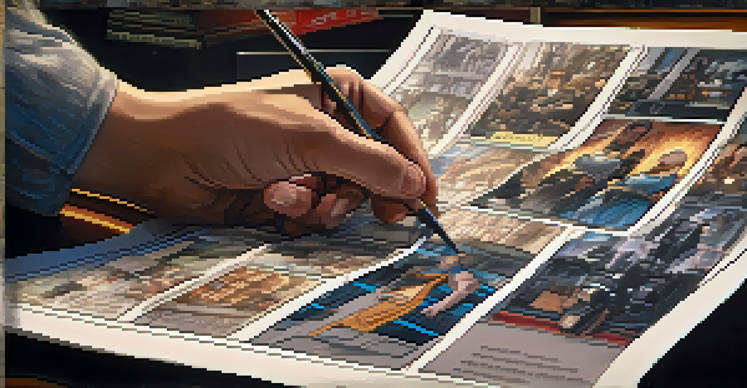 A close-up of a film director's hands holding a detailed storyboard of a popular video game, with film equipment in the background.