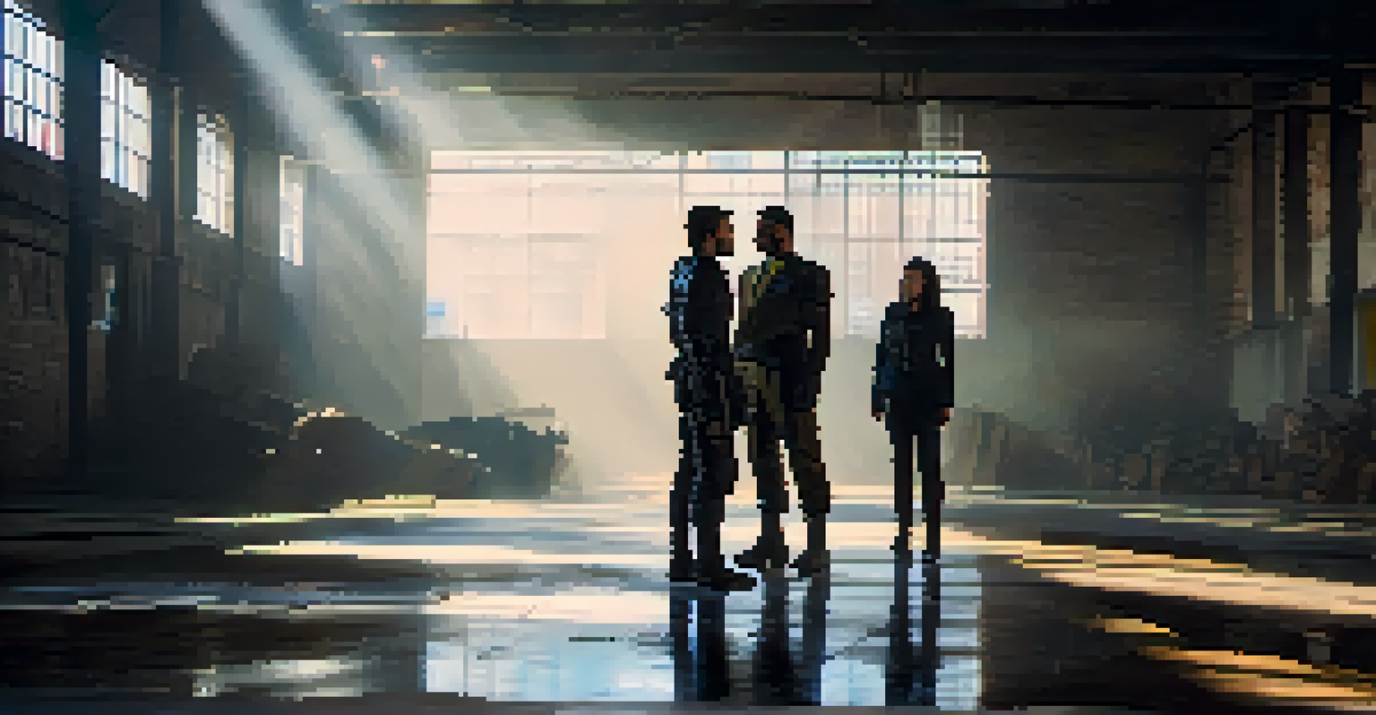A hero and antagonist face off in an abandoned warehouse with dramatic lighting.