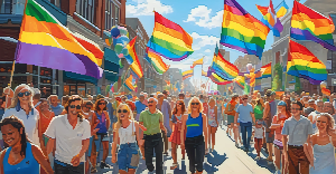 A lively pride parade with a diverse crowd celebrating, colorful flags and balloons in a sunlit street.