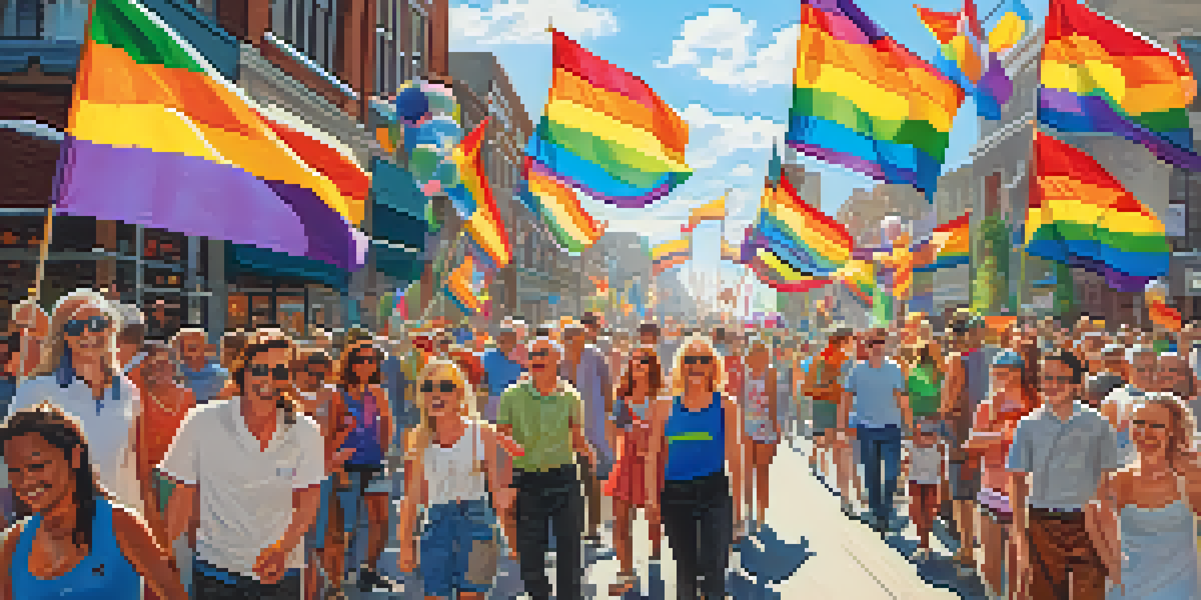 A lively pride parade with a diverse crowd celebrating, colorful flags and balloons in a sunlit street.