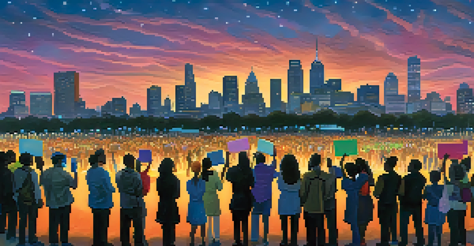 A diverse crowd protesting for racial representation outdoors, with colorful signs and a city skyline at dusk.