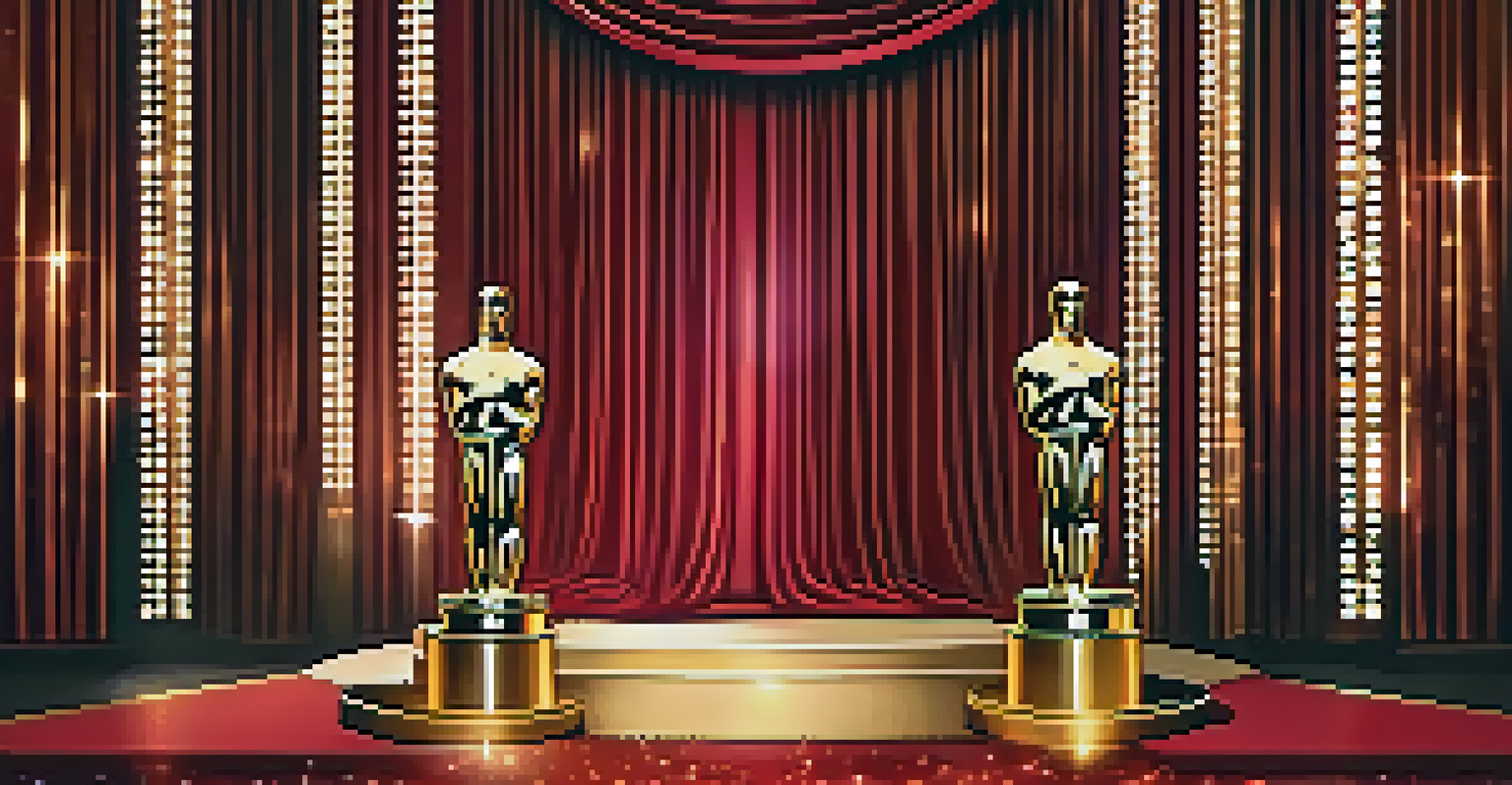 The glamorous stage of the Academy Awards with a golden Oscar statue and elegant decorations.