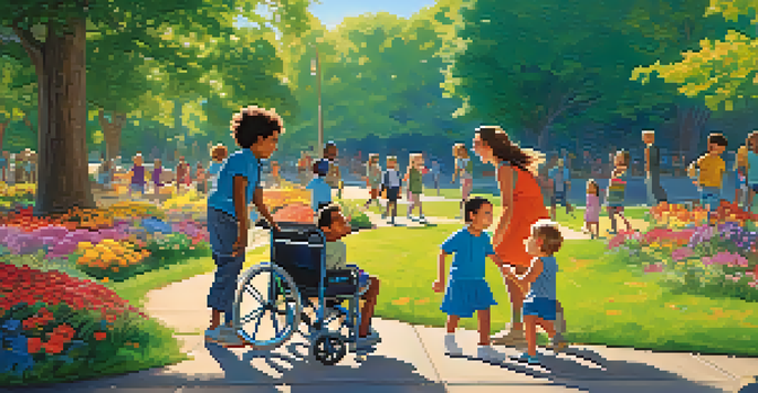 A diverse group of children playing in a park, including a child in a wheelchair, surrounded by flowers and trees under a bright blue sky.