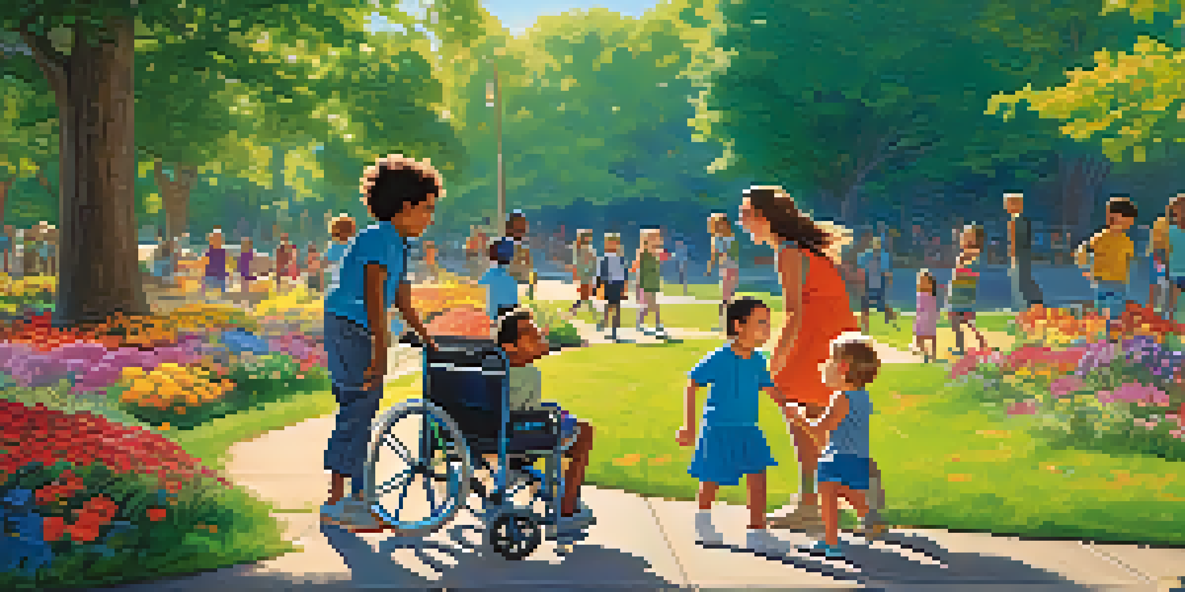 A diverse group of children playing in a park, including a child in a wheelchair, surrounded by flowers and trees under a bright blue sky.
