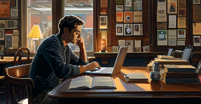 A film critic in a coffee shop, typing on a laptop with film posters around, warm lighting and a cup of coffee on the table.
