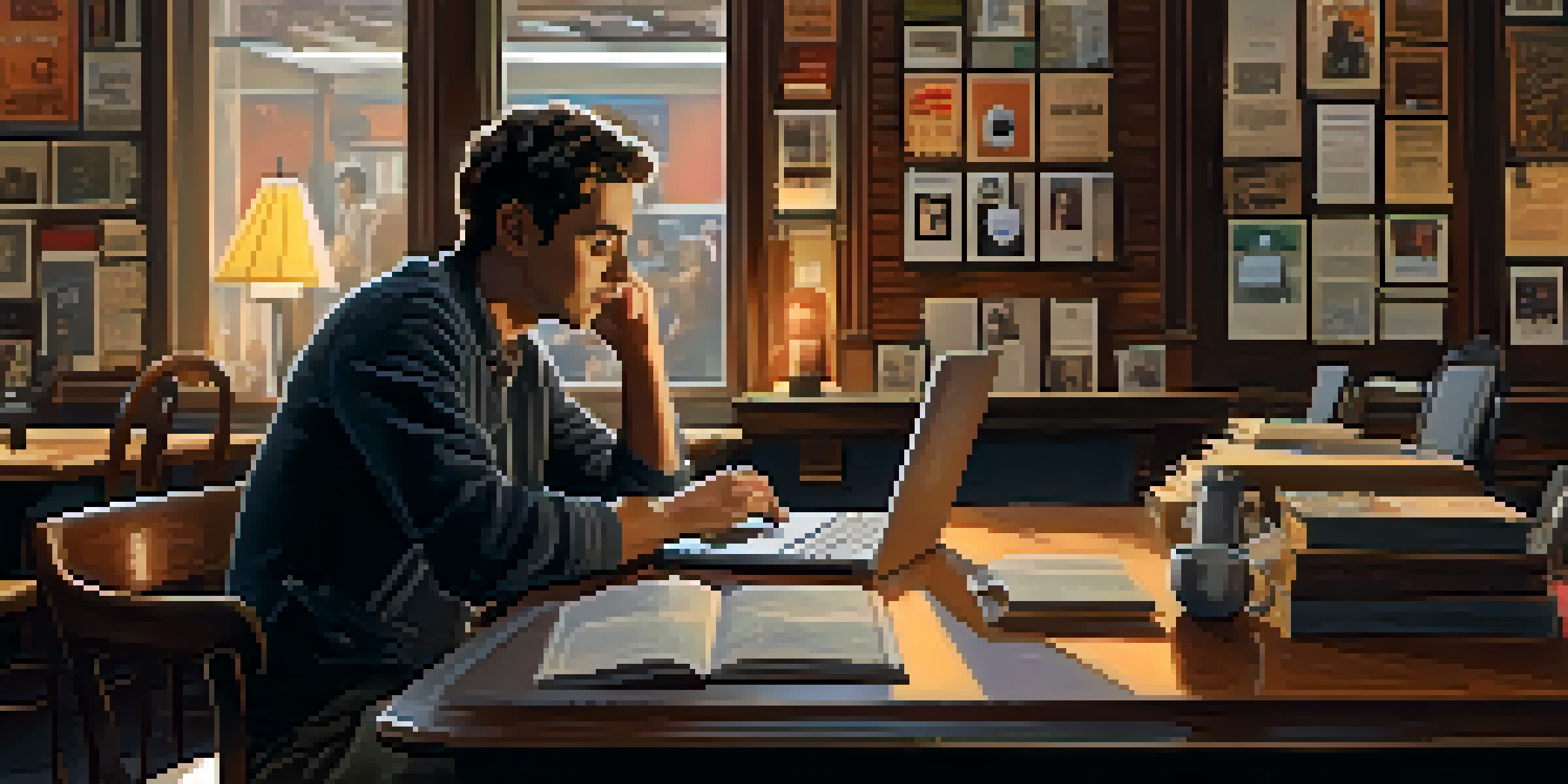A film critic in a coffee shop, typing on a laptop with film posters around, warm lighting and a cup of coffee on the table.