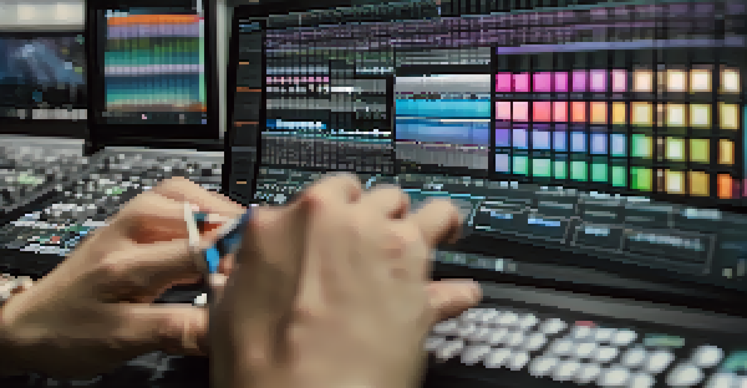 A close-up of hands adjusting a digital editing timeline with colorful film clips on the screen.