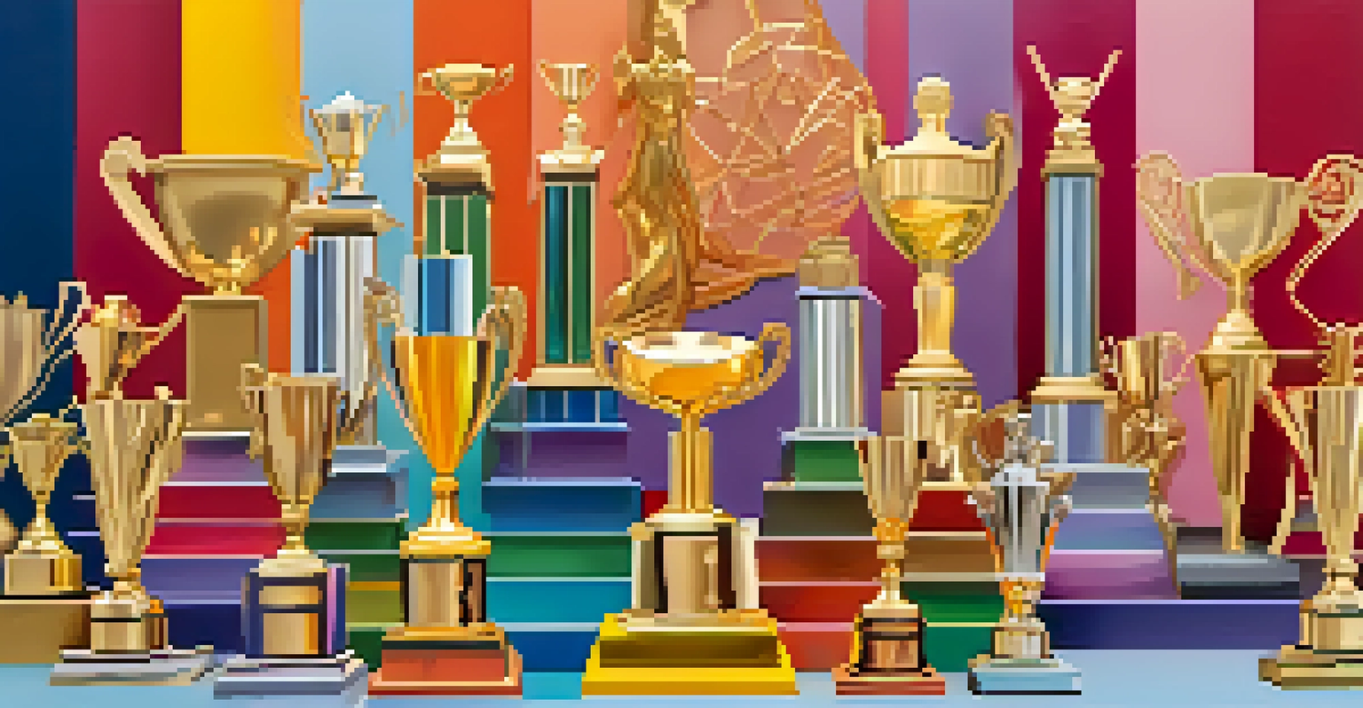 A vibrant collage of diverse award trophies symbolizing different categories in an inclusive award show, set against a colorful gradient background.